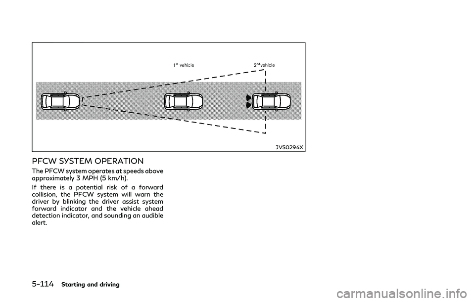 INFINITI Q50-HYBRID 2018  Owners Manual 5-114Starting and driving
JVS0294X
PFCW SYSTEM OPERATION
The PFCW system operates at speeds above
approximately 3 MPH (5 km/h).
If there is a potential risk of a forward
collision, the PFCW system wil