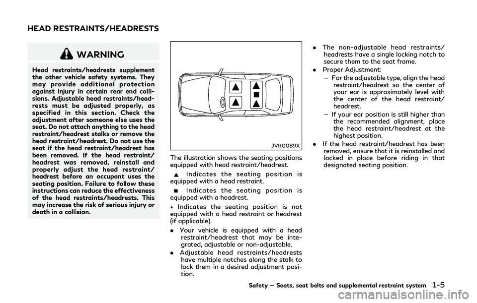 INFINITI Q50-HYBRID 2018 Owners Manual WARNING
Head restraints/headrests supplement
the other vehicle safety systems. They
may provide additional protection
against injury in certain rear end colli-
sions. Adjustable head restraints/head-
INFINITI Q50-HYBRID 2018 Owners Manual WARNING
Head restraints/headrests supplement
the other vehicle safety systems. They
may provide additional protection
against injury in certain rear end colli-
sions. Adjustable head restraints/head-