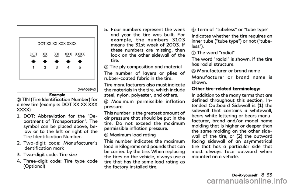 INFINITI Q50-HYBRID 2018  Owners Manual JVM0694X
ExampleTIN (Tire Identification Number) for
a new tire (example: DOT XX XX XXX
XXXX)
1. DOT: Abbreviation for the “De- partment of Transportation”. The
symbol can be placed above, be-
low