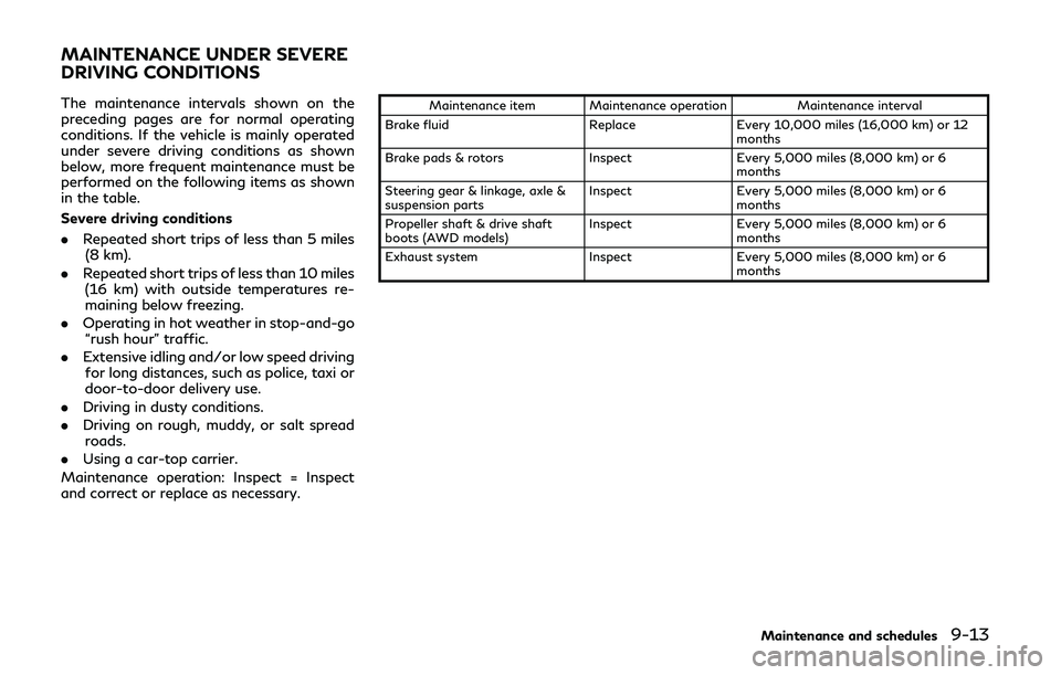 INFINITI Q50-HYBRID 2018  Owners Manual The maintenance intervals shown on the
preceding pages are for normal operating
conditions. If the vehicle is mainly operated
under severe driving conditions as shown
below, more frequent maintenance 