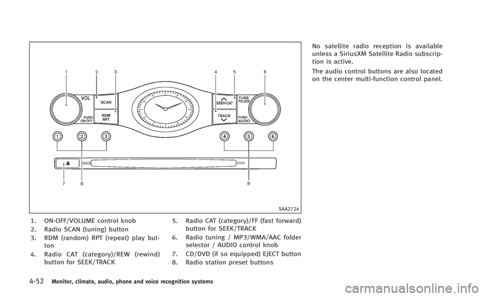 INFINITI Q60 2014 Owners Manual 4-52Monitor, climate, audio, phone and voice recognition systems
SAA2724
1. ON·OFF/VOLUME control knob
2. Radio SCAN (tuning) button
3. RDM (random) RPT (repeat) play but-ton
4. Radio CAT (category)/ INFINITI Q60 2014 Owners Manual 4-52Monitor, climate, audio, phone and voice recognition systems
SAA2724
1. ON·OFF/VOLUME control knob
2. Radio SCAN (tuning) button
3. RDM (random) RPT (repeat) play but-ton
4. Radio CAT (category)/