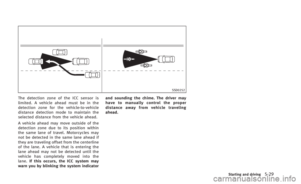 INFINITI Q60 2014 Owners Manual SSD0252
The detection zone of the ICC sensor is
limited. A vehicle ahead must be in the
detection zone for the vehicle-to-vehicle
distance detection mode to maintain the
selected distance from the veh INFINITI Q60 2014 Owners Manual SSD0252
The detection zone of the ICC sensor is
limited. A vehicle ahead must be in the
detection zone for the vehicle-to-vehicle
distance detection mode to maintain the
selected distance from the veh