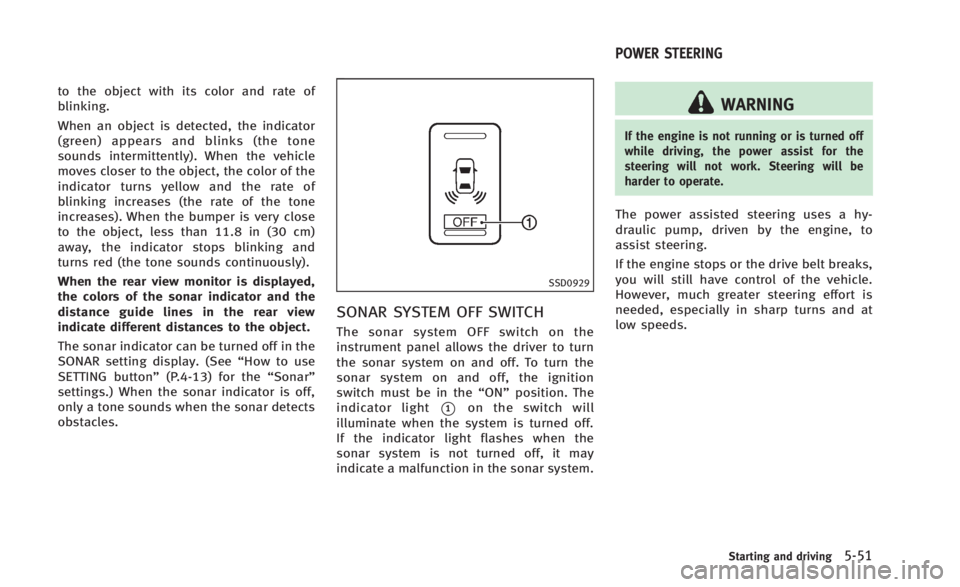 INFINITI Q60 2014 Manual PDF to the object with its color and rate of
blinking.
When an object is detected, the indicator
(green) appears and blinks (the tone
sounds intermittently). When the vehicle
moves closer to the object, t INFINITI Q60 2014 Manual PDF to the object with its color and rate of
blinking.
When an object is detected, the indicator
(green) appears and blinks (the tone
sounds intermittently). When the vehicle
moves closer to the object, t