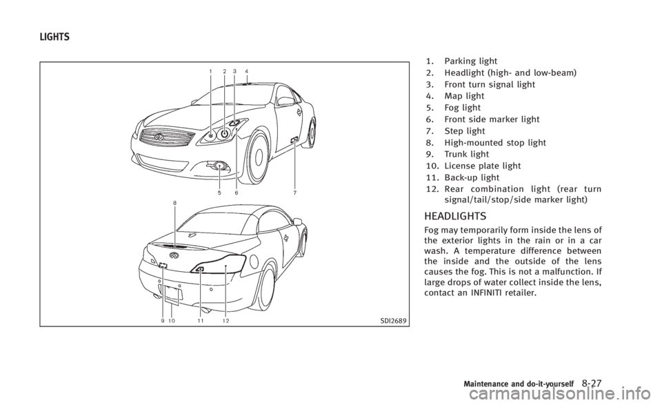 INFINITI Q60 2014  Owners Manual SDI2689
1. Parking light
2. Headlight (high- and low-beam)
3. Front turn signal light
4. Map light
5. Fog light
6. Front side marker light
7. Step light
8. High-mounted stop light
9. Trunk light
10. L