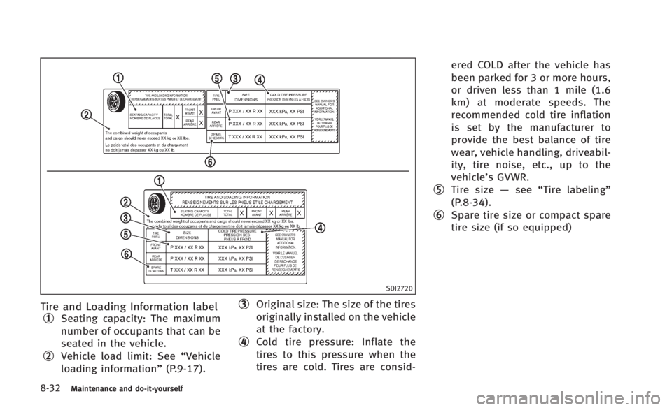 INFINITI Q60 2014 Owners Manual 8-32Maintenance and do-it-yourself
SDI2720
Tire and Loading Information label
*1Seating capacity: The maximum
number of occupants that can be
seated in the vehicle.
*2Vehicle load limit: See“Vehicle INFINITI Q60 2014 Owners Manual 8-32Maintenance and do-it-yourself
SDI2720
Tire and Loading Information label
*1Seating capacity: The maximum
number of occupants that can be
seated in the vehicle.
*2Vehicle load limit: See“Vehicle