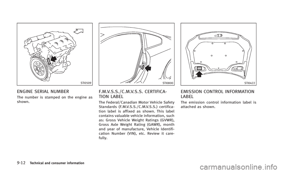 INFINITI Q60 2014 Owners Manual 9-12Technical and consumer information
STI0509
ENGINE SERIAL NUMBER
The number is stamped on the engine as
shown.
STI0800
F.M.V.S.S./C.M.V.S.S. CERTIFICA-
TION LABEL
The Federal/Canadian Motor Vehicle INFINITI Q60 2014 Owners Manual 9-12Technical and consumer information
STI0509
ENGINE SERIAL NUMBER
The number is stamped on the engine as
shown.
STI0800
F.M.V.S.S./C.M.V.S.S. CERTIFICA-
TION LABEL
The Federal/Canadian Motor Vehicle