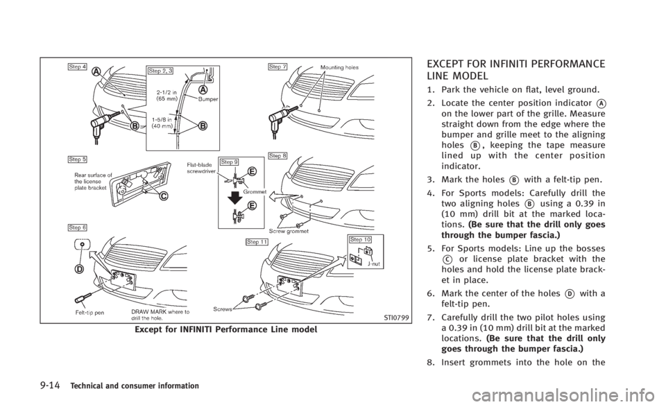 INFINITI Q60 2014 Owners Manual 9-14Technical and consumer information
STI0799
Except for INFINITI Performance Line model
EXCEPT FOR INFINITI PERFORMANCE
LINE MODEL
1. Park the vehicle on flat, level ground.
2. Locate the center pos INFINITI Q60 2014 Owners Manual 9-14Technical and consumer information
STI0799
Except for INFINITI Performance Line model
EXCEPT FOR INFINITI PERFORMANCE
LINE MODEL
1. Park the vehicle on flat, level ground.
2. Locate the center pos