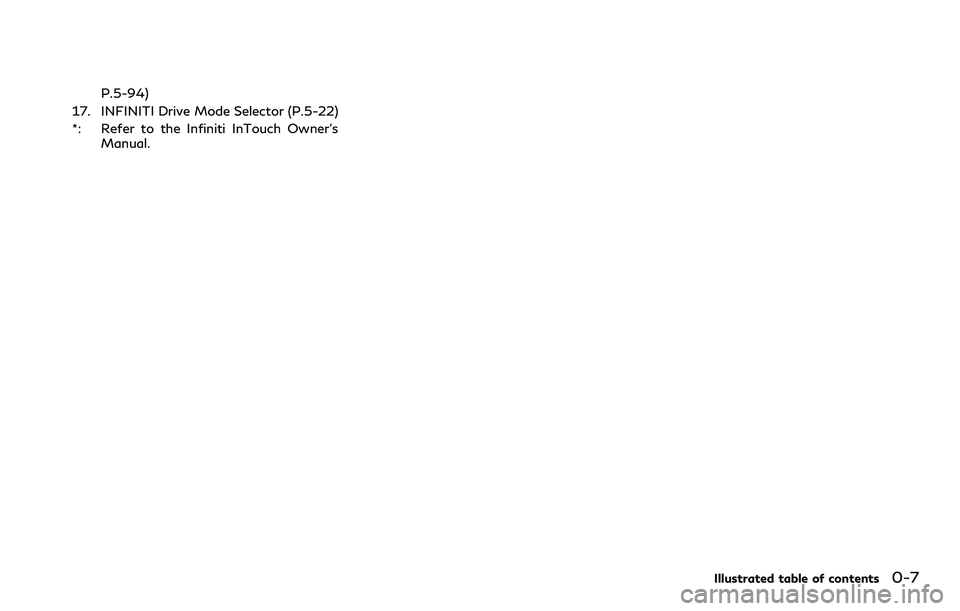 INFINITI Q60 2018 User Guide P.5-94)
17. INFINITI Drive Mode Selector (P.5-22)
*: Refer to the Infiniti InTouch Owner’s
Manual.
Illustrated table of contents0-7 INFINITI Q60 2018 User Guide P.5-94)
17. INFINITI Drive Mode Selector (P.5-22)
*: Refer to the Infiniti InTouch Owner’s
Manual.
Illustrated table of contents0-7