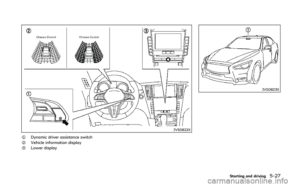 INFINITI Q60 2018 Owners Manual JVS0822X
Dynamic driver assistance switch
Vehicle information display
Lower display
JVS0823X
Starting and driving5-27 INFINITI Q60 2018 Owners Manual JVS0822X
Dynamic driver assistance switch
Vehicle information display
Lower display
JVS0823X
Starting and driving5-27