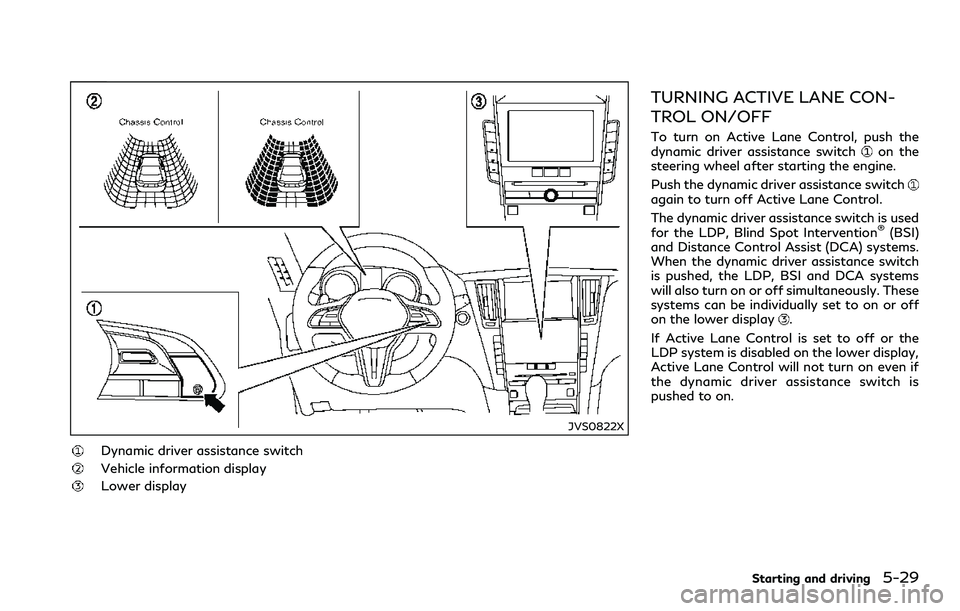 INFINITI Q60 2018 Manual PDF JVS0822X
Dynamic driver assistance switch
Vehicle information display
Lower display
TURNING ACTIVE LANE CON-
TROL ON/OFF
To turn on Active Lane Control, push the
dynamic driver assistance switchon the