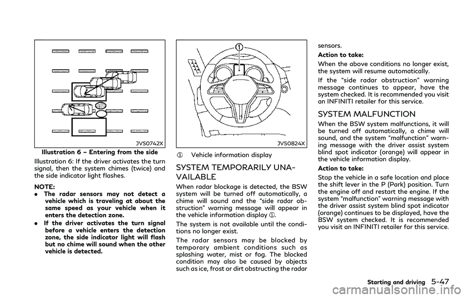 INFINITI Q60 2018 Owners Manual JVS0742X
Illustration 6 – Entering from the side
Illustration 6: If the driver activates the turn
signal, then the system chimes (twice) and
the side indicator light flashes.
NOTE:
.The radar sensor INFINITI Q60 2018 Owners Manual JVS0742X
Illustration 6 – Entering from the side
Illustration 6: If the driver activates the turn
signal, then the system chimes (twice) and
the side indicator light flashes.
NOTE:
.The radar sensor