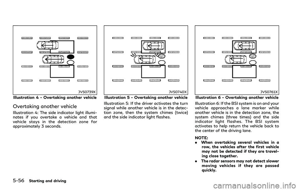 INFINITI Q60 2018 Owners Manual 5-56Starting and driving
JVS0739X
Illustration 4 - Overtaking another vehicle
Overtaking another vehicle
Illustration 4: The side indicator light illumi-
nates if you overtake a vehicle and that
vehic INFINITI Q60 2018 Owners Manual 5-56Starting and driving
JVS0739X
Illustration 4 - Overtaking another vehicle
Overtaking another vehicle
Illustration 4: The side indicator light illumi-
nates if you overtake a vehicle and that
vehic