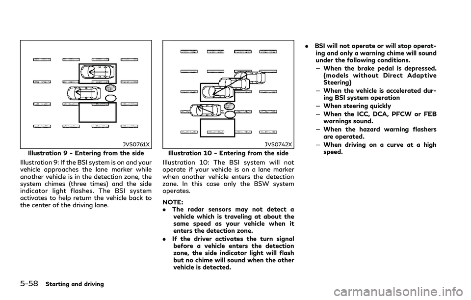 INFINITI Q60 2018 Owners Manual 5-58Starting and driving
JVS0761X
Illustration 9 - Entering from the side
Illustration 9: If the BSI system is on and your
vehicle approaches the lane marker while
another vehicle is in the detection INFINITI Q60 2018 Owners Manual 5-58Starting and driving
JVS0761X
Illustration 9 - Entering from the side
Illustration 9: If the BSI system is on and your
vehicle approaches the lane marker while
another vehicle is in the detection