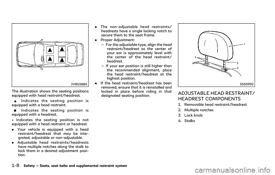 INFINITI Q60 2018 Owners Manual 1-8Safety — Seats, seat belts and supplemental restraint system
JVR0388X
The illustration shows the seating positions
equipped with head restraint/headrest.
Indicates the seating position is
equippe INFINITI Q60 2018 Owners Manual 1-8Safety — Seats, seat belts and supplemental restraint system
JVR0388X
The illustration shows the seating positions
equipped with head restraint/headrest.
Indicates the seating position is
equippe