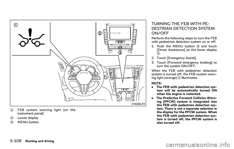 INFINITI Q60 2018 Manual Online 5-108Starting and driving
JVS0847X
FEB system warning light (on the
instrument panel)
Lower display
MENU button
TURNING THE FEB WITH PE-
DESTRIAN DETECTION SYSTEM
ON/OFF
Perform the following steps to