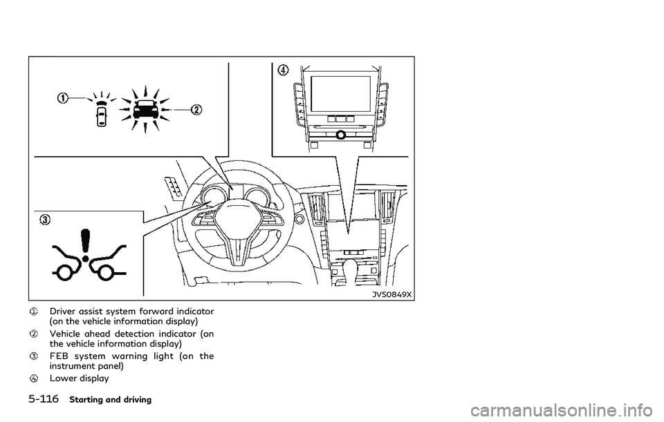 INFINITI Q60 2018  Owners Manual 5-116Starting and driving
JVS0849X
Driver assist system forward indicator
(on the vehicle information display)
Vehicle ahead detection indicator (on
the vehicle information display)
FEB system warning