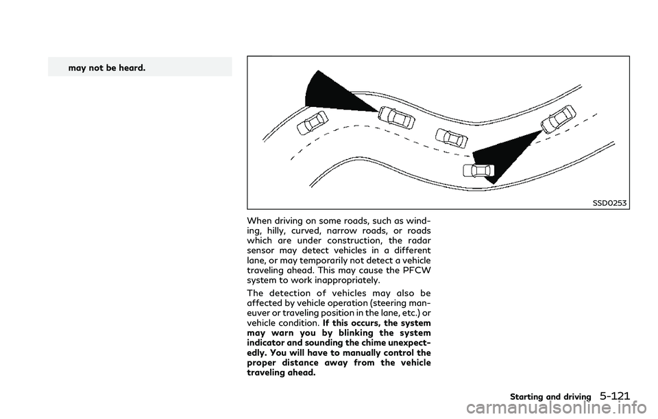 INFINITI Q60 2018 Manual PDF may not be heard.
SSD0253
When driving on some roads, such as wind-
ing, hilly, curved, narrow roads, or roads
which are under construction, the radar
sensor may detect vehicles in a different
lane, o INFINITI Q60 2018 Manual PDF may not be heard.
SSD0253
When driving on some roads, such as wind-
ing, hilly, curved, narrow roads, or roads
which are under construction, the radar
sensor may detect vehicles in a different
lane, o