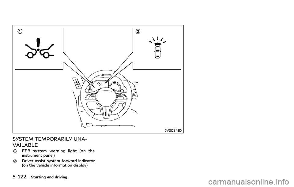 INFINITI Q60 2018  Owners Manual 5-122Starting and driving
JVS0848X
SYSTEM TEMPORARILY UNA-
VAILABLE
FEB system warning light (on the
instrument panel)
Driver assist system forward indicator
(on the vehicle information display) 