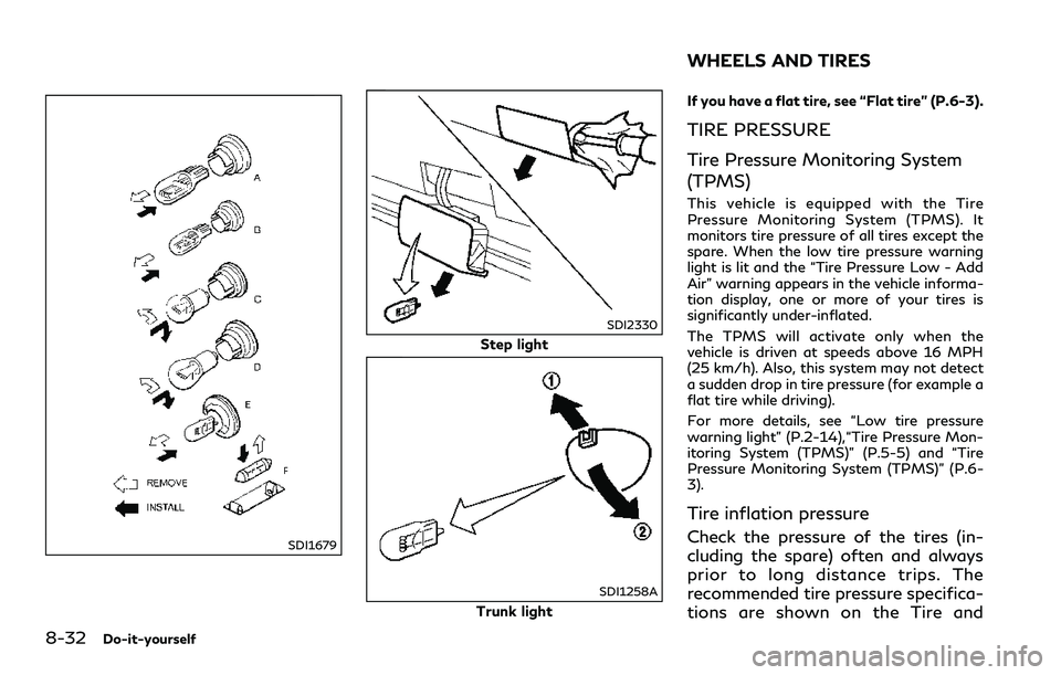 INFINITI Q60 2018  Owners Manual 8-32Do-it-yourself
SDI1679
SDI2330
Step light
SDI1258A
Trunk lightIf you have a flat tire, see “Flat tire” (P.6-3).
TIRE PRESSURE
Tire Pressure Monitoring System
(TPMS)
This vehicle is equipped wi
