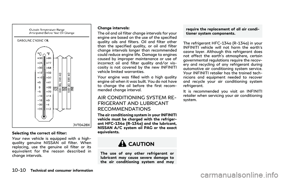 INFINITI Q60 2018 Owners Manual 10-10Technical and consumer information
JVT0428X
Selecting the correct oil filter:
Your new vehicle is equipped with a high-
quality genuine NISSAN oil filter. When
replacing, use the genuine oil filt INFINITI Q60 2018 Owners Manual 10-10Technical and consumer information
JVT0428X
Selecting the correct oil filter:
Your new vehicle is equipped with a high-
quality genuine NISSAN oil filter. When
replacing, use the genuine oil filt
