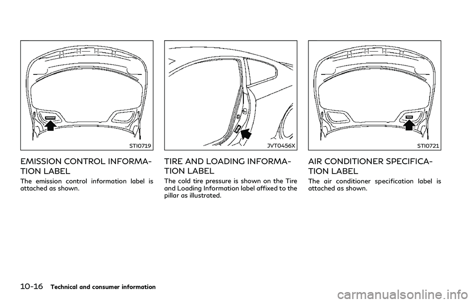 INFINITI Q60 2018  Owners Manual 10-16Technical and consumer information
STI0719
EMISSION CONTROL INFORMA-
TION LABEL
The emission control information label is
attached as shown.
JVT0456X
TIRE AND LOADING INFORMA-
TION LABEL
The cold