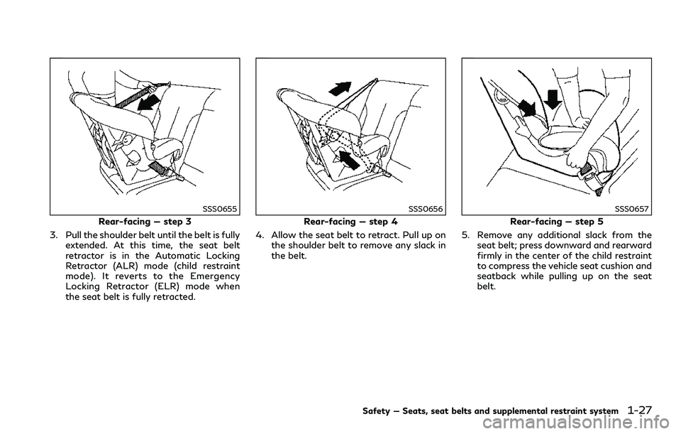 INFINITI Q60 2018 Service Manual SSS0655
Rear-facing — step 3
3. Pull the shoulder belt until the belt is fully
extended. At this time, the seat belt
retractor is in the Automatic Locking
Retractor (ALR) mode (child restraint
mode)