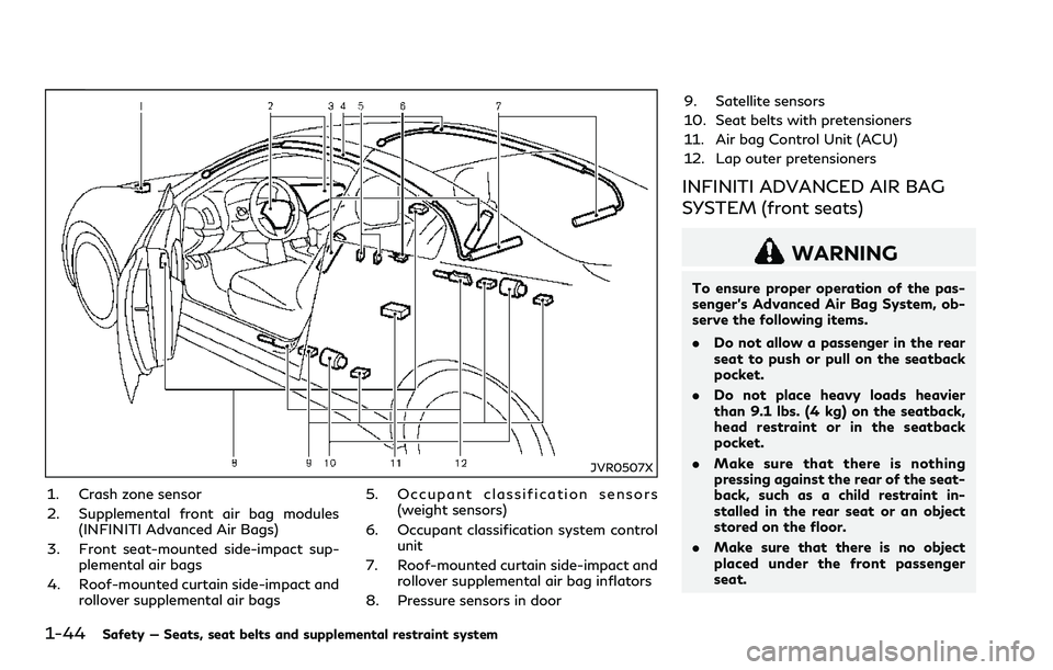 INFINITI Q60 2018 Owners Manual 1-44Safety — Seats, seat belts and supplemental restraint system
JVR0507X
1. Crash zone sensor
2. Supplemental front air bag modules
(INFINITI Advanced Air Bags)
3. Front seat-mounted side-impact su INFINITI Q60 2018 Owners Manual 1-44Safety — Seats, seat belts and supplemental restraint system
JVR0507X
1. Crash zone sensor
2. Supplemental front air bag modules
(INFINITI Advanced Air Bags)
3. Front seat-mounted side-impact su