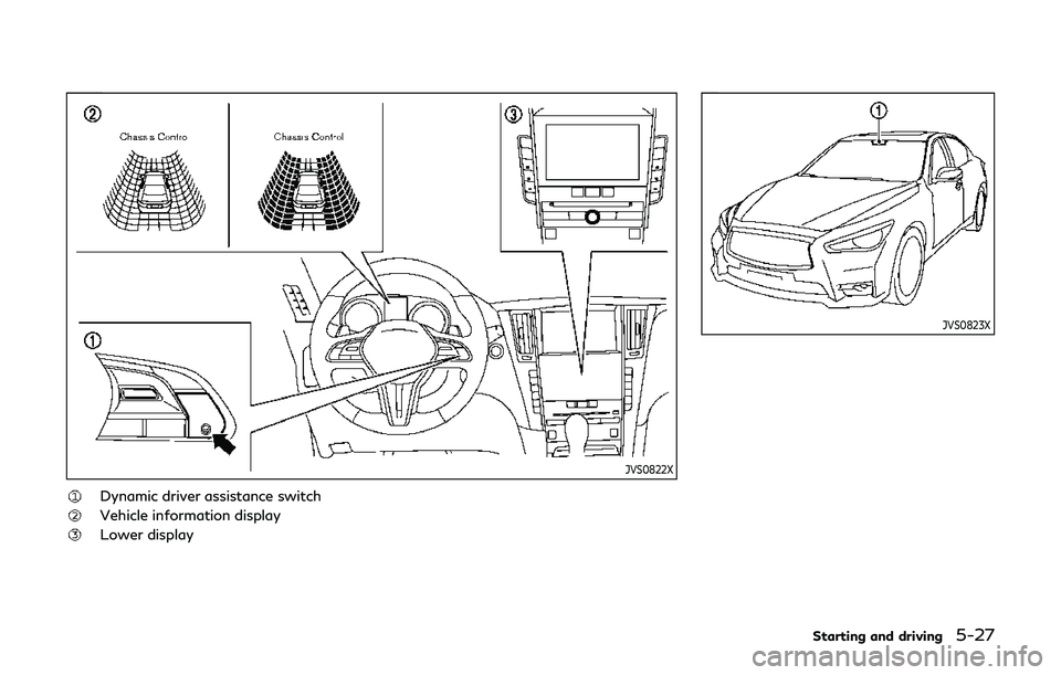 INFINITI Q60 2019  Owners Manual JVS0822X
Dynamic driver assistance switch
Vehicle information display
Lower display
JVS0823X
Starting and driving5-27 