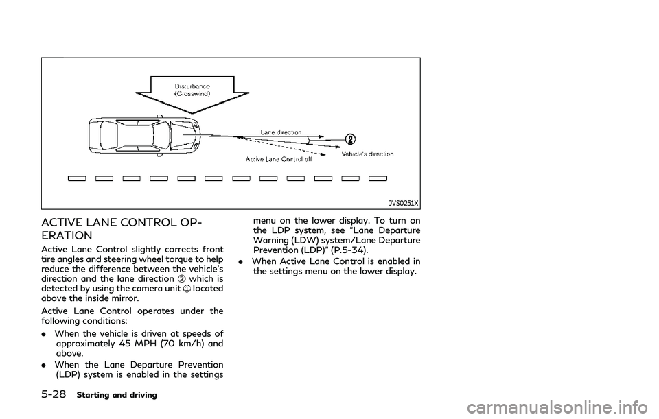INFINITI Q60 2019  Owners Manual 5-28Starting and driving
JVS0251X
ACTIVE LANE CONTROL OP-
ERATION
Active Lane Control slightly corrects front
tire angles and steering wheel torque to help
reduce the difference between the vehicle’