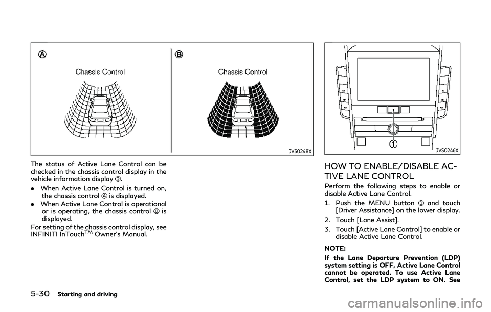 INFINITI Q60 2019  Owners Manual 5-30Starting and driving
JVS0248X
The status of Active Lane Control can be
checked in the chassis control display in the
vehicle information display
.
. When Active Lane Control is turned on,
the chas