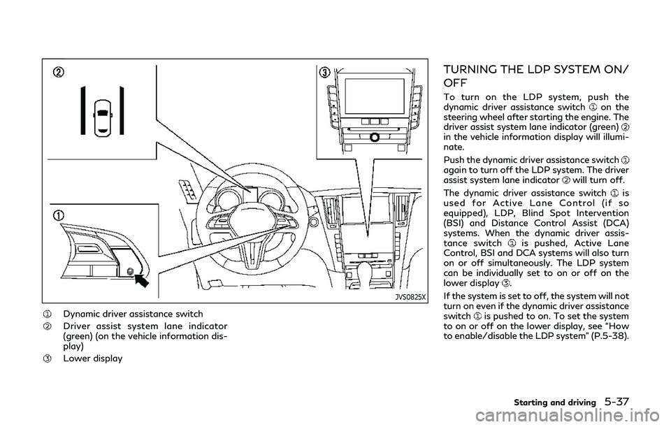 INFINITI Q60 2019  Owners Manual JVS0825X
Dynamic driver assistance switch
Driver assist system lane indicator
(green) (on the vehicle information dis-
play)
Lower display
TURNING THE LDP SYSTEM ON/
OFF
To turn on the LDP system, pus