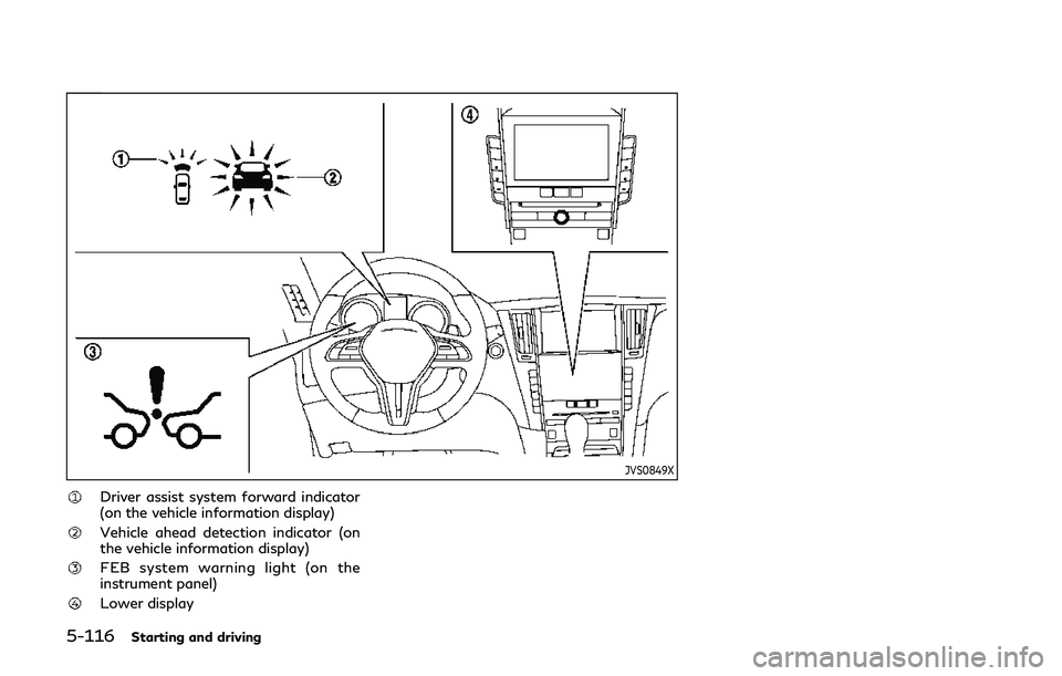 INFINITI Q60 2019 Owners Manual 5-116Starting and driving
JVS0849X
Driver assist system forward indicator
(on the vehicle information display)
Vehicle ahead detection indicator (on
the vehicle information display)
FEB system warning INFINITI Q60 2019 Owners Manual 5-116Starting and driving
JVS0849X
Driver assist system forward indicator
(on the vehicle information display)
Vehicle ahead detection indicator (on
the vehicle information display)
FEB system warning