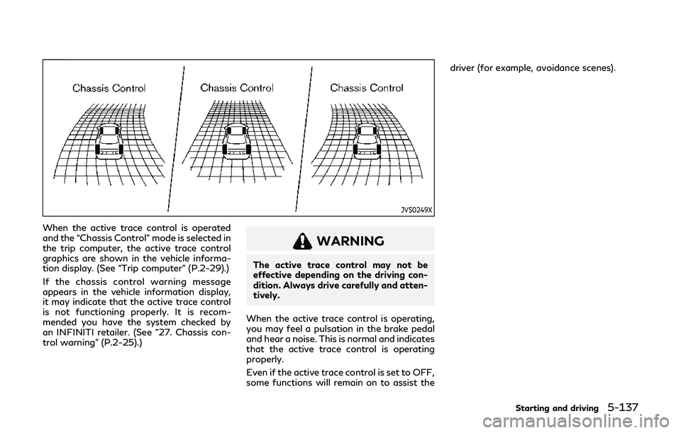 INFINITI Q60 2019 Owners Manual JVS0249X
When the active trace control is operated
and the “Chassis Control” mode is selected in
the trip computer, the active trace control
graphics are shown in the vehicle informa-
tion display INFINITI Q60 2019 Owners Manual JVS0249X
When the active trace control is operated
and the “Chassis Control” mode is selected in
the trip computer, the active trace control
graphics are shown in the vehicle informa-
tion display