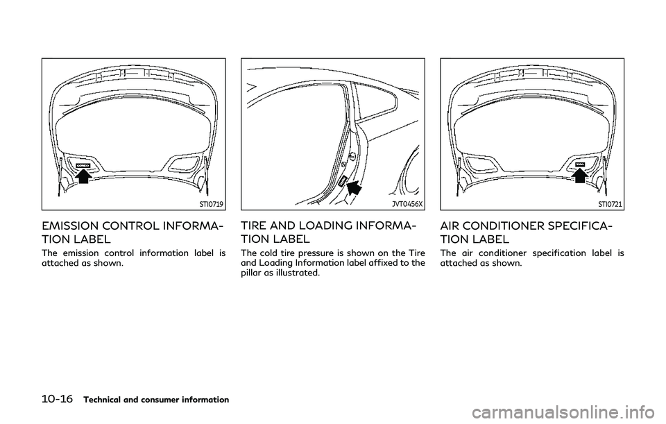 INFINITI Q60 2019 Owners Manual 10-16Technical and consumer information
STI0719
EMISSION CONTROL INFORMA-
TION LABEL
The emission control information label is
attached as shown.
JVT0456X
TIRE AND LOADING INFORMA-
TION LABEL
The cold INFINITI Q60 2019 Owners Manual 10-16Technical and consumer information
STI0719
EMISSION CONTROL INFORMA-
TION LABEL
The emission control information label is
attached as shown.
JVT0456X
TIRE AND LOADING INFORMA-
TION LABEL
The cold