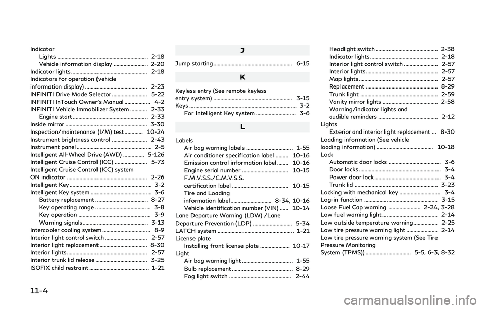 INFINITI Q60 2019 Owners Manual 11-4
IndicatorLights ................................................................ 2-18
Vehicle information display ........................ 2-20
Indicator lights .................................. INFINITI Q60 2019 Owners Manual 11-4
IndicatorLights ................................................................ 2-18
Vehicle information display ........................ 2-20
Indicator lights ..................................