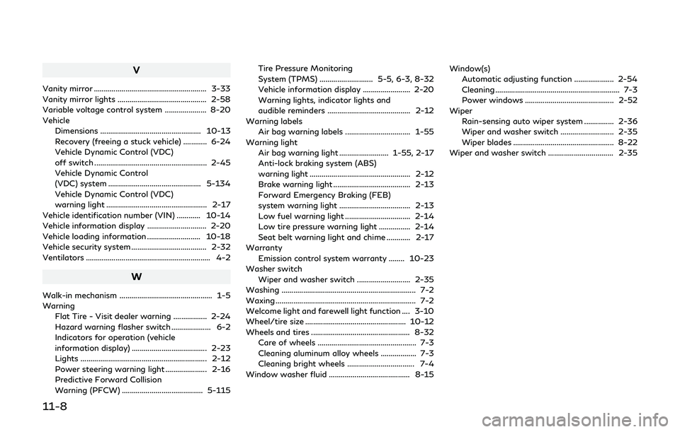 INFINITI Q60 2019  Owners Manual 11-8
V
Vanity mirror ......................................................... 3-33
Vanity mirror lights ............................................. 2-58
Variable voltage control system ............