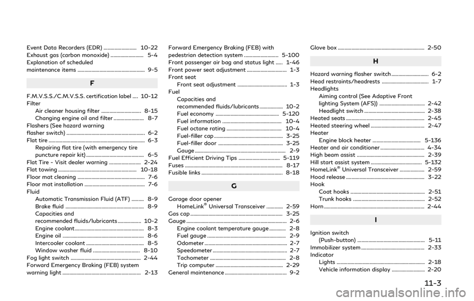 INFINITI Q60 2020  Owners Manual Event Data Recorders (EDR) ........................ 10-22
Exhaust gas (carbon monoxide) ........................ 5-4
Explanation of scheduled
maintenance items ........................................