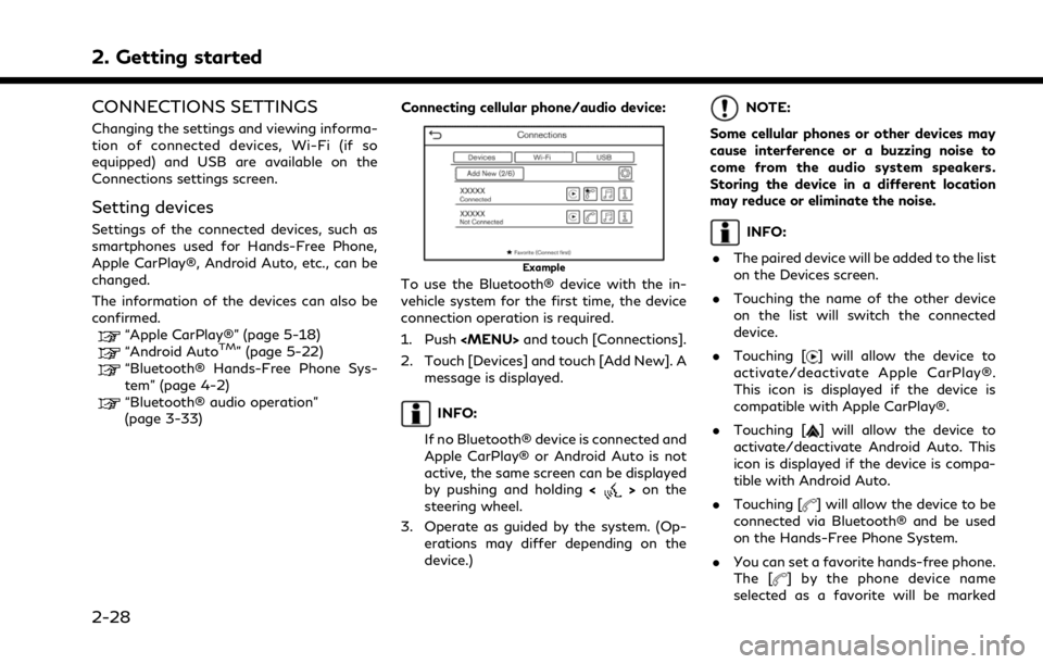 INFINITI Q60 2021  Owners Manual 2. Getting started
CONNECTIONS SETTINGS
Changing the settings and viewing informa-
tion of connected devices, Wi-Fi (if so
equipped) and USB are available on the
Connections settings screen.
Setting d