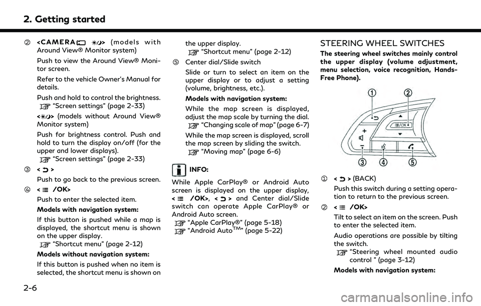 INFINITI Q60 2022  Owners Manual 2. Getting started
<CAMERA>(models with
Around View® Monitor system)
Push to view the Around View® Moni-
tor screen.
Refer to the vehicle Owner’s Manual for
details.
Push and hold to control the b