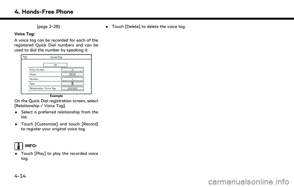 INFINITI Q60 2022  Owners Manual 4. Hands-Free Phone
(page 2-28)
Voice Tag:
A voice tag can be recorded for each of the
registered Quick Dial numbers and can be
used to dial the number by speaking it.
Example
On the Quick Dial regist