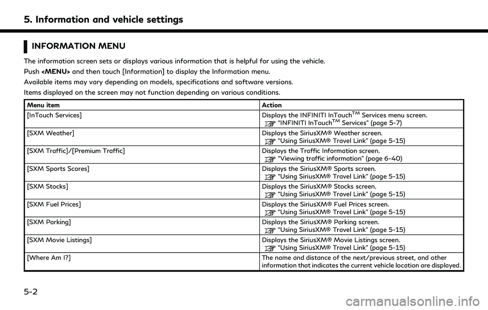 INFINITI Q60 2022  Owners Manual 5. Information and vehicle settings
INFORMATION MENU
The information screen sets or displays various information that is helpful for using the vehicle.
Push<MENU> and then touch [Information] to displ
