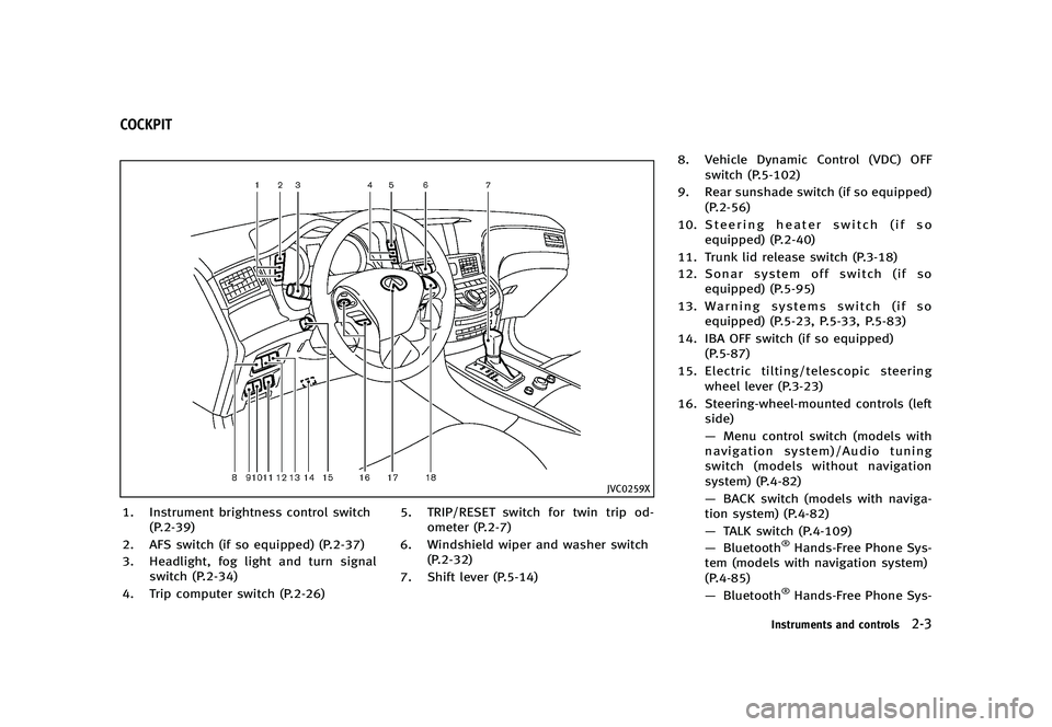 INFINITI Q70 2014  Owners Manual Black plate (75,1)
[ Edit: 2013/ 10/ 21 Model: Y51-D ]
Y51D-V-E01-83D46913-7F0C-4CB0-A756-275B43D9E03A
JVC0259X
1. Instrument brightness control switch(P.2-39)
2. AFS switch (if so equipped) (P.2-37)
