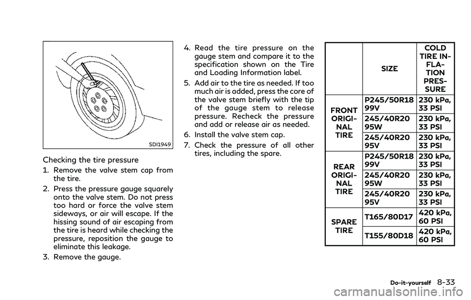 INFINITI Q70 2018  Owners Manual SDI1949
Checking the tire pressure
1. Remove the valve stem cap fromthe tire.
2. Press the pressure gauge squarely onto the valve stem. Do not press
too hard or force the valve stem
sideways, or air w