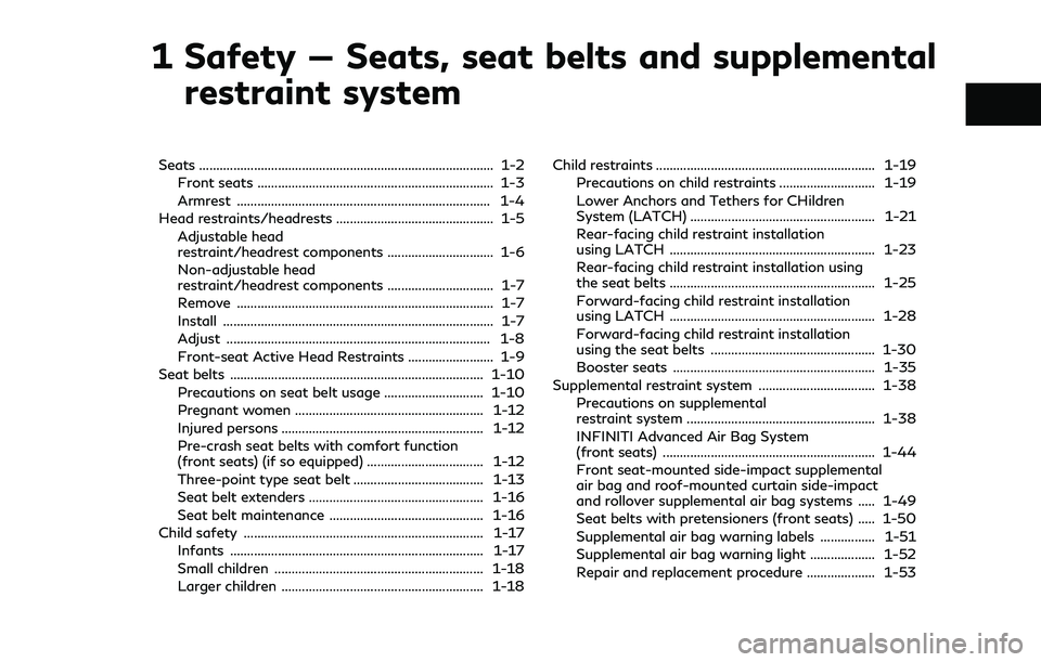 INFINITI Q70 2019  Owners Manual 1 Safety — Seats, seat belts and supplementalrestraint system
Seats ........................................................................\
.............. 1-2
Front seats .........................