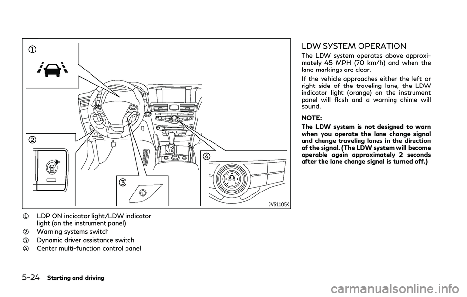 INFINITI Q70 2019 Repair Manual 5-24Starting and driving
JVS1105X
LDP ON indicator light/LDW indicator
light (on the instrument panel)
Warning systems switch
Dynamic driver assistance switch
Center multi-function control panel
LDW S INFINITI Q70 2019 Repair Manual 5-24Starting and driving
JVS1105X
LDP ON indicator light/LDW indicator
light (on the instrument panel)
Warning systems switch
Dynamic driver assistance switch
Center multi-function control panel
LDW S