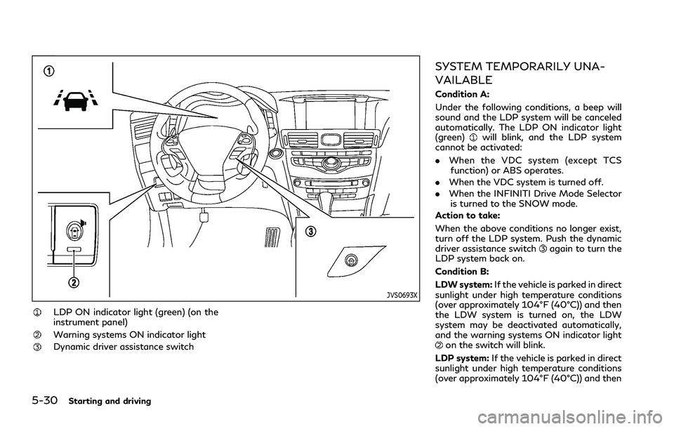 INFINITI Q70 2019 Repair Manual 5-30Starting and driving
JVS0693X
LDP ON indicator light (green) (on the
instrument panel)
Warning systems ON indicator light
Dynamic driver assistance switch
SYSTEM TEMPORARILY UNA-
VAILABLE
Conditio INFINITI Q70 2019 Repair Manual 5-30Starting and driving
JVS0693X
LDP ON indicator light (green) (on the
instrument panel)
Warning systems ON indicator light
Dynamic driver assistance switch
SYSTEM TEMPORARILY UNA-
VAILABLE
Conditio