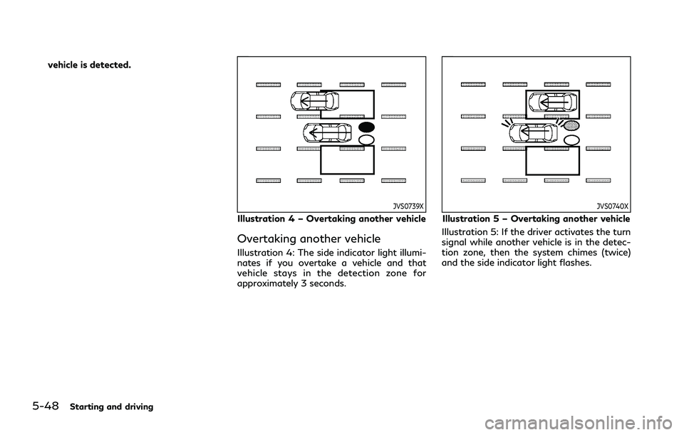 INFINITI Q70 2019 Owners Manual 5-48Starting and driving
vehicle is detected.
JVS0739X
Illustration 4 – Overtaking another vehicle
Overtaking another vehicle
Illustration 4: The side indicator light illumi-
nates if you overtake a INFINITI Q70 2019 Owners Manual 5-48Starting and driving
vehicle is detected.
JVS0739X
Illustration 4 – Overtaking another vehicle
Overtaking another vehicle
Illustration 4: The side indicator light illumi-
nates if you overtake a