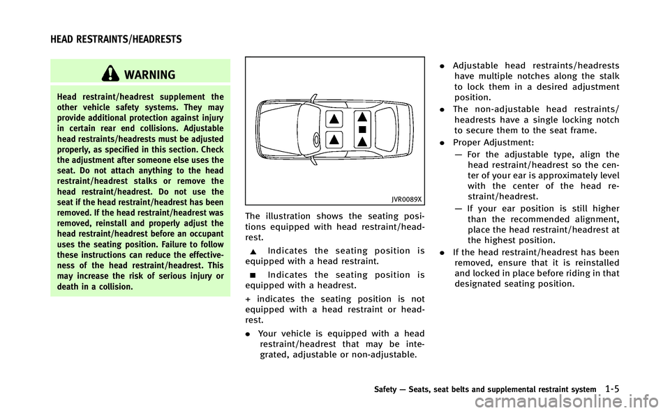 INFINITI Q70-HYBRID 2014 Owners Guide WARNING
Head restraint/headrest supplement the
other vehicle safety systems. They may
provide additional protection against injury
in certain rear end collisions. Adjustable
head restraints/headrests INFINITI Q70-HYBRID 2014 Owners Guide WARNING
Head restraint/headrest supplement the
other vehicle safety systems. They may
provide additional protection against injury
in certain rear end collisions. Adjustable
head restraints/headrests