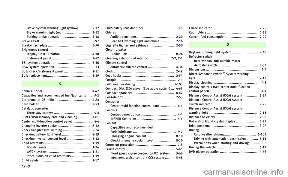 INFINITI Q70-HYBRID 2014  Owners Manual 10-2
Brake system warning light (yellow) ............. 2-12
Brake warning light (red) ............................. 2-12
Parking brake operation ............................... 5-18
Brake assist .....