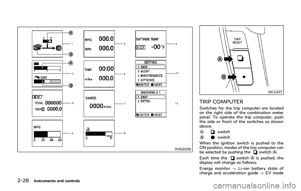 INFINITI Q70-HYBRID 2018  Owners Manual 2-28Instruments and controls
JVI0203X
SIC4327
TRIP COMPUTER
Switches for the trip computer are located
on the right side of the combination meter
panel. To operate the trip computer, push
the side or 